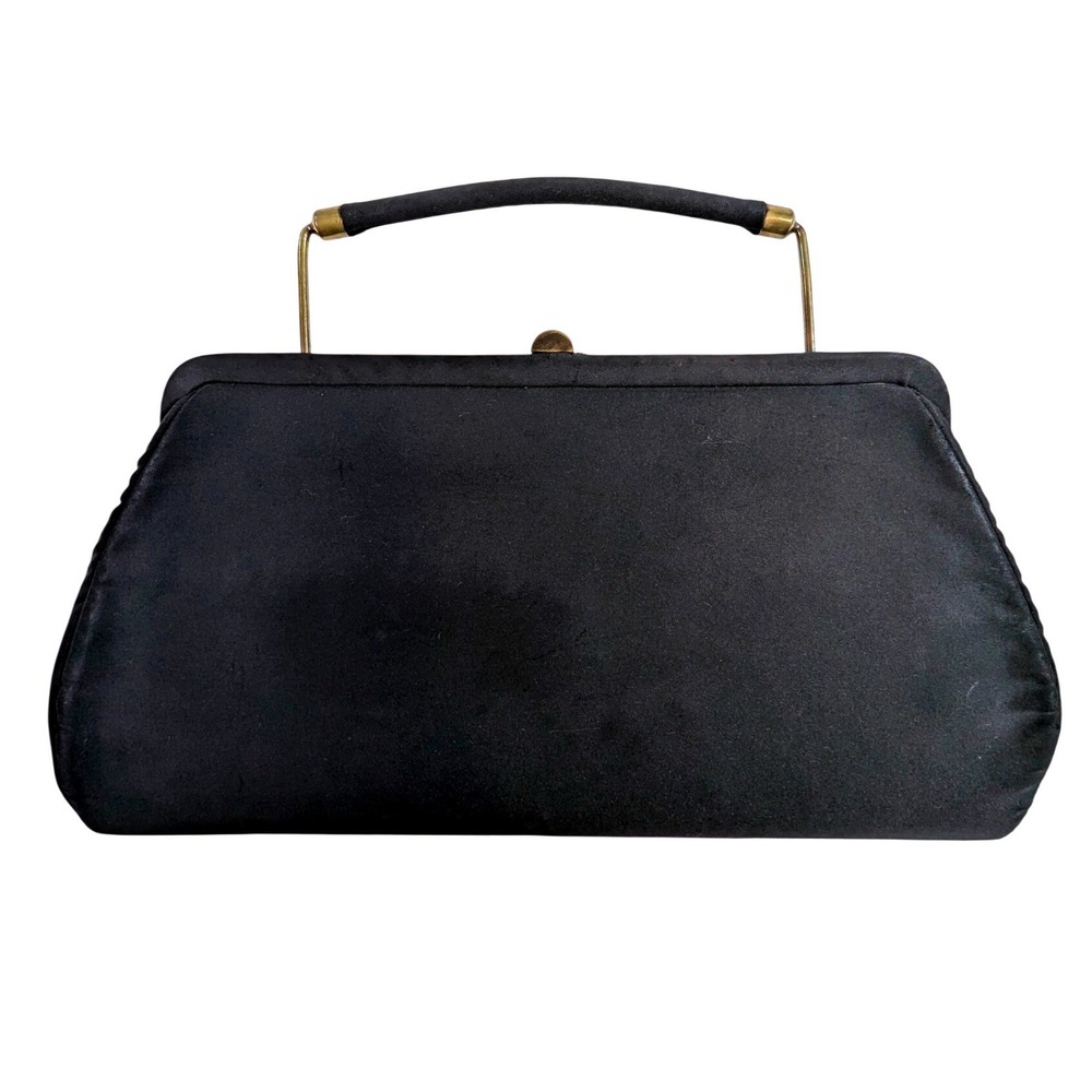 Vintage Black Satin‎ Clasp Top Handle Evening Bag READ